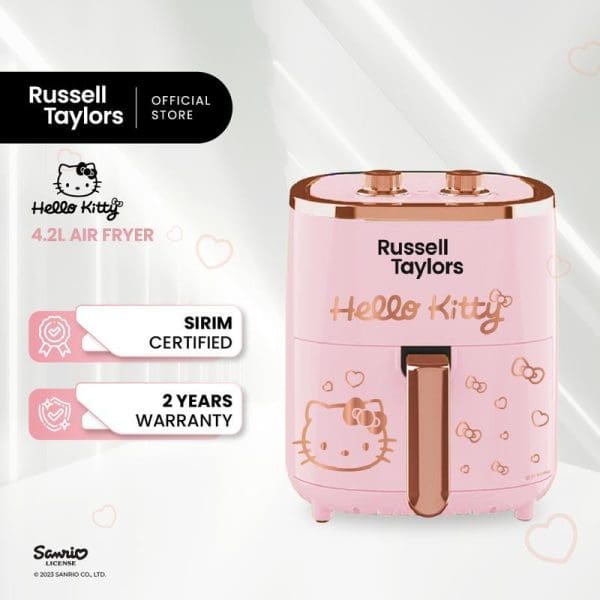 Russell Taylors Hello Kitty 4.2L Air Fryer in pink with rose gold accents, featuring Hello Kitty design, SIRIM certified, 2-year warranty.