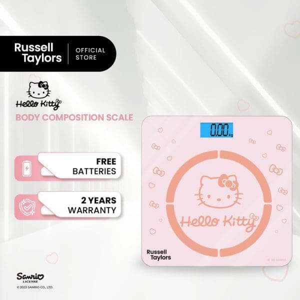 Russell Taylors Hello Kitty pink body composition scale with digital display, featuring Hello Kitty design, free batteries, and 2-year warranty promotional image.