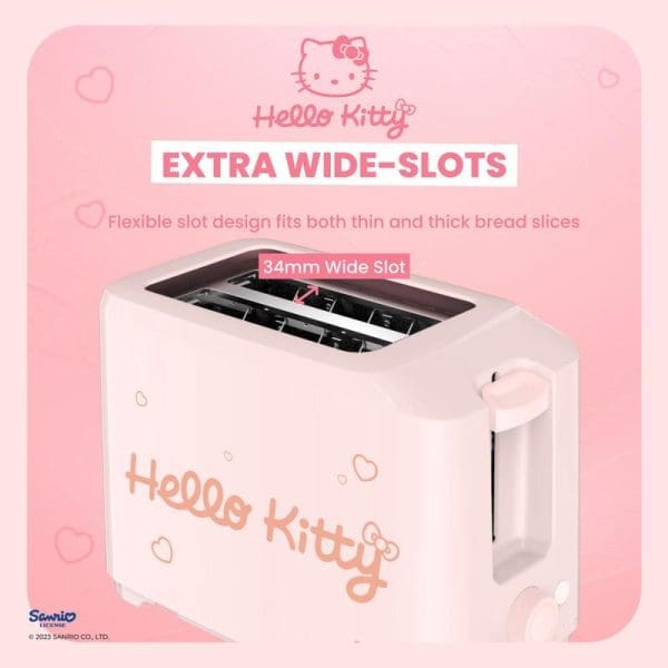 Russell Taylors x Sanrio Hello Kitty white bread toaster with extra wide 34mm slots, Hello Kitty branding, pink promotional background highlighting flexible slot design.
