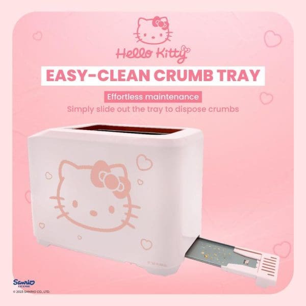 Russell Taylors x Sanrio Hello Kitty white bread toaster with pink Hello Kitty design and easy-clean slide-out crumb tray feature highlighted.