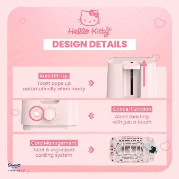 Hello Kitty pink bread toaster design details infographic showing auto lift-up feature, cancel function, and cord management system with product images.
