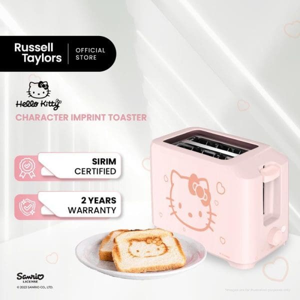 Russell Taylors Hello Kitty pink character imprint toaster with SIRIM certification and 2-year warranty, showing toasted bread with Hello Kitty design on plate.