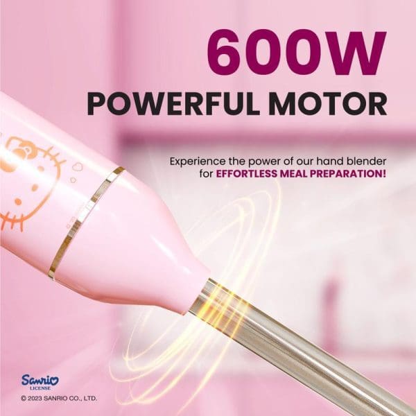 Russell Taylors x Sanrio Hello Kitty pink hand blender with 600W powerful motor, featuring Hello Kitty design and gold accents for effortless meal preparation.