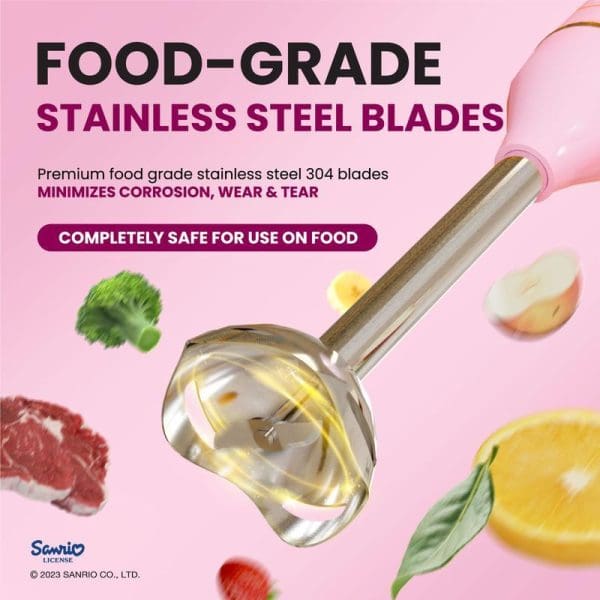 Russell Taylors x Sanrio Hello Kitty Hand Blender featuring food-grade stainless steel blades, highlighting premium 304 steel construction for safe food processing.