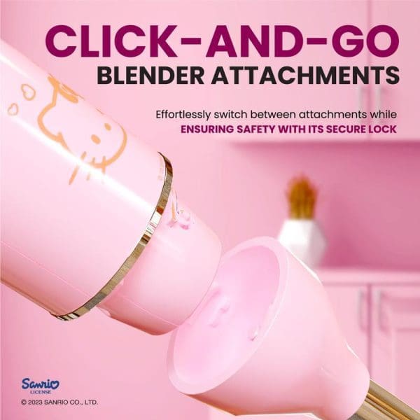 Russell Taylors x Sanrio Hello Kitty Hand Blender Food Processor featuring click-and-go blender attachments with secure lock mechanism in pink Hello Kitty design.