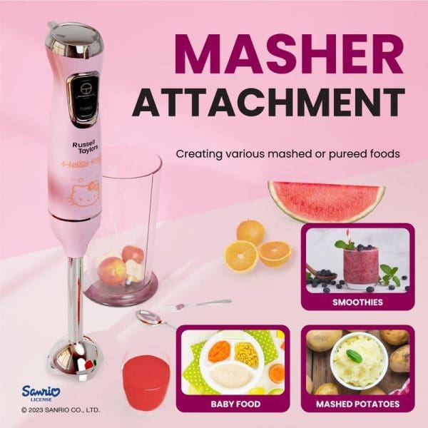 Russell Taylors Hello Kitty pink hand blender with masher attachment, showing various uses including smoothies, baby food, and mashed potatoes on pink background.