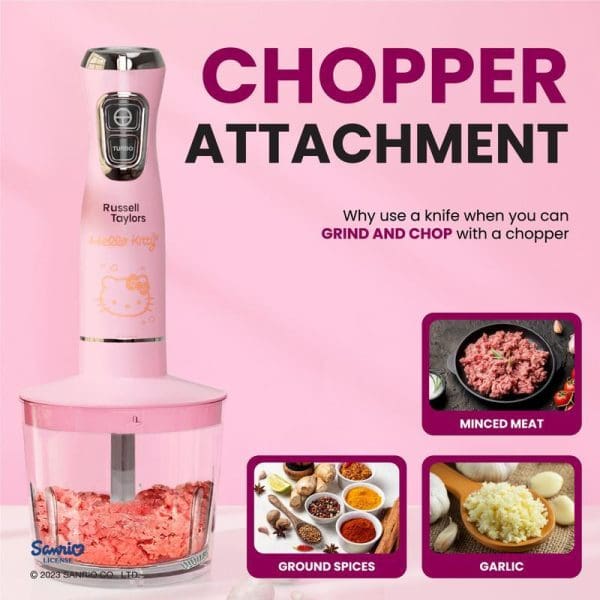 Russell Taylors Hello Kitty pink hand blender with chopper attachment grinding meat, featuring minced meat, ground spices, and garlic preparation examples on pink background.