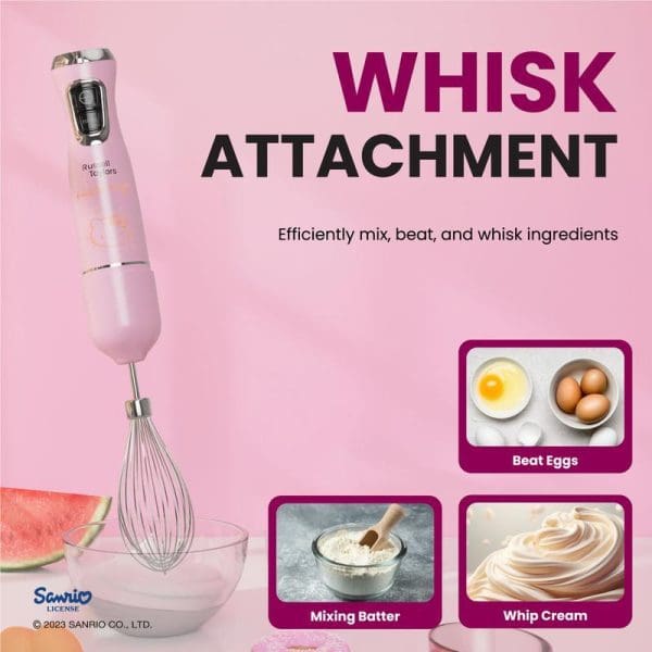 Russell Taylors x Sanrio Hello Kitty pink hand blender with whisk attachment, showing features for beating eggs, mixing batter, and whipping cream.