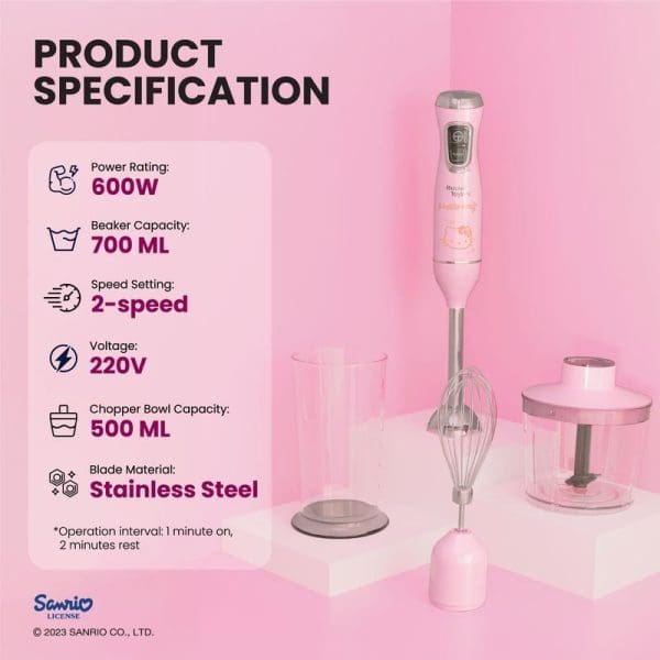 Russell Taylors x Sanrio Hello Kitty pink hand blender with product specifications showing 600W power, 700ML beaker capacity, 2-speed settings, and included accessories.