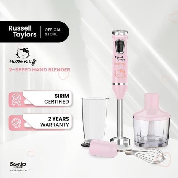 Russell Taylors Hello Kitty 2-speed hand blender in pink with accessories including whisk, chopper bowl, and measuring cup, featuring SIRIM certification and 2-year warranty.