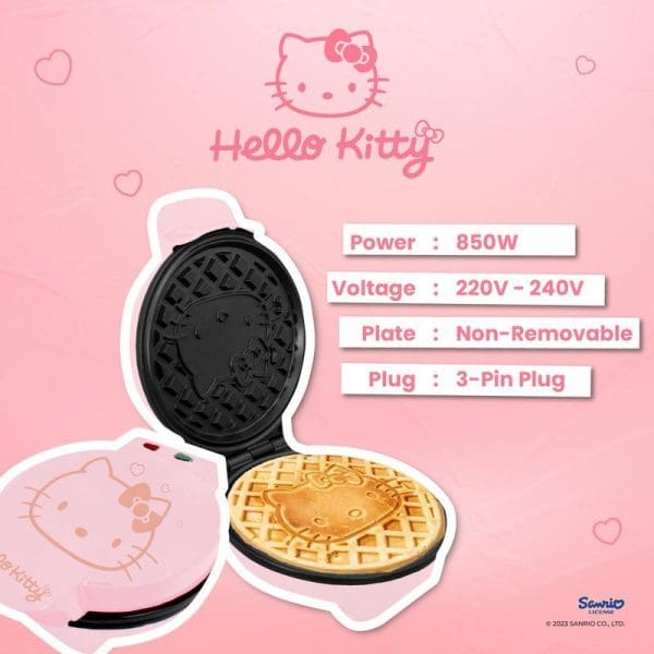 Russell Taylors x Sanrio Hello Kitty Waffle Maker MW-25 in pink with Hello Kitty design, showing specifications: 850W power, 220V-240V voltage, non-removable plate, 3-pin plug.