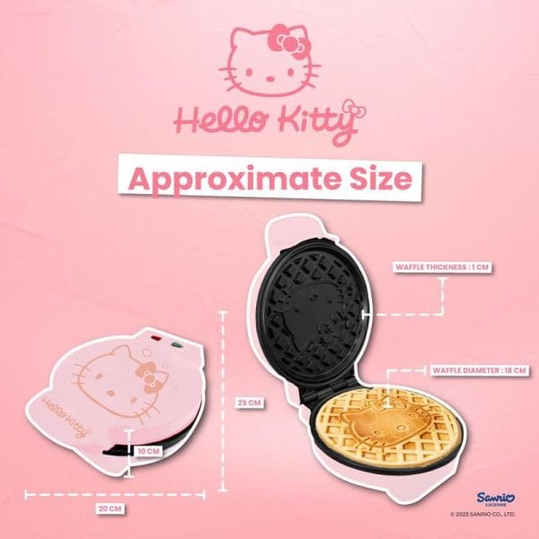 Russell Taylors x Sanrio Hello Kitty pink waffle maker showing approximate size dimensions - 20cm width, 25cm height, 18cm waffle diameter, 1cm thickness with Hello Kitty branding.