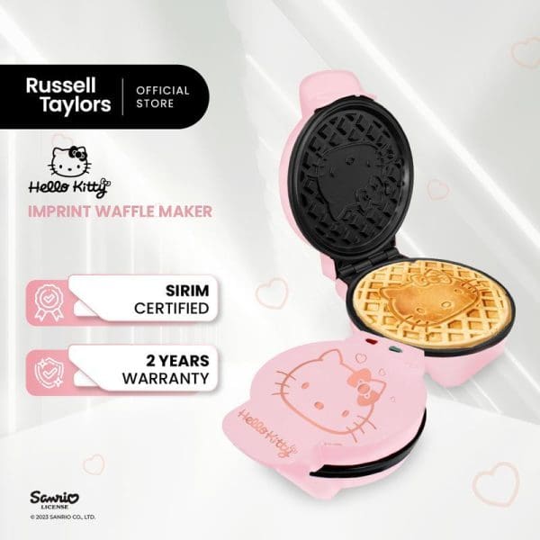 Russell Taylors Hello Kitty pink waffle maker with open lid showing Hello Kitty-shaped waffle inside, SIRIM certified with 2-year warranty from official store.