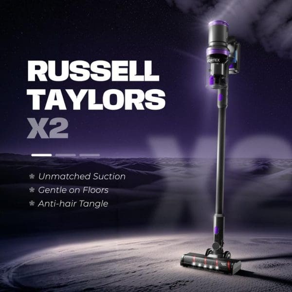 Russell Taylors X2 cordless vacuum cleaner with purple LED lights, featuring 300W BLDC motor, unmatched suction power, gentle on floors, and anti-hair tangle technology.