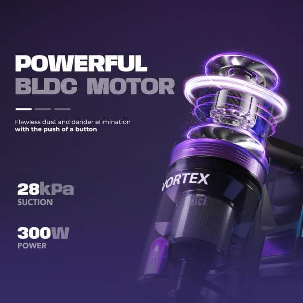 Russell Taylors X2 Cordless Vacuum Cleaner featuring 300W BLDC motor with 28kPa suction power and purple LED lighting effects on dark background.
