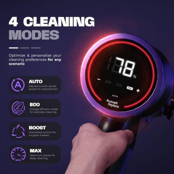 Russell Taylors X2 Cordless Vacuum Cleaner featuring 4 cleaning modes (Auto, Eco, Boost, Max) with digital display showing 78% battery and illuminated control interface.