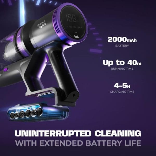 Russell Taylors X2 Cordless Vacuum Cleaner with 300W BLDC motor, 2000mAh battery, 40-minute runtime, 4-5 hour charging time, featuring uninterrupted cleaning capability.