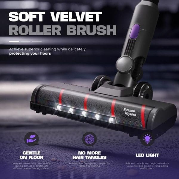 Russell Taylors X2 Cordless Vacuum Cleaner with soft velvet roller brush attachment featuring LED lights, designed for gentle floor cleaning and tangle-free operation.