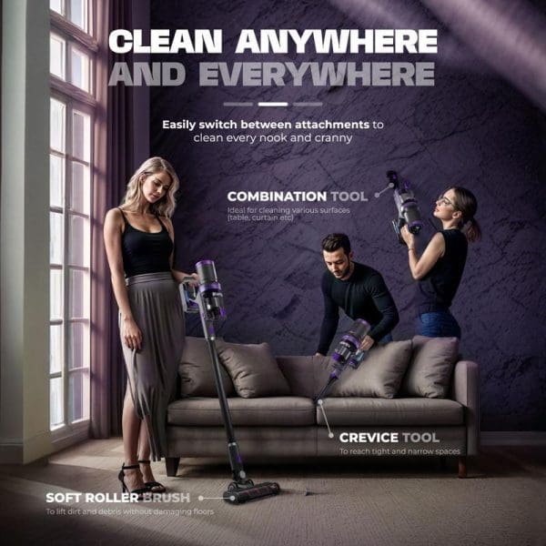 Russell Taylors X2 Cordless Vacuum Cleaner with 300W BLDC Motor showing three people using different attachments - combination tool, crevice tool, and soft roller brush.
