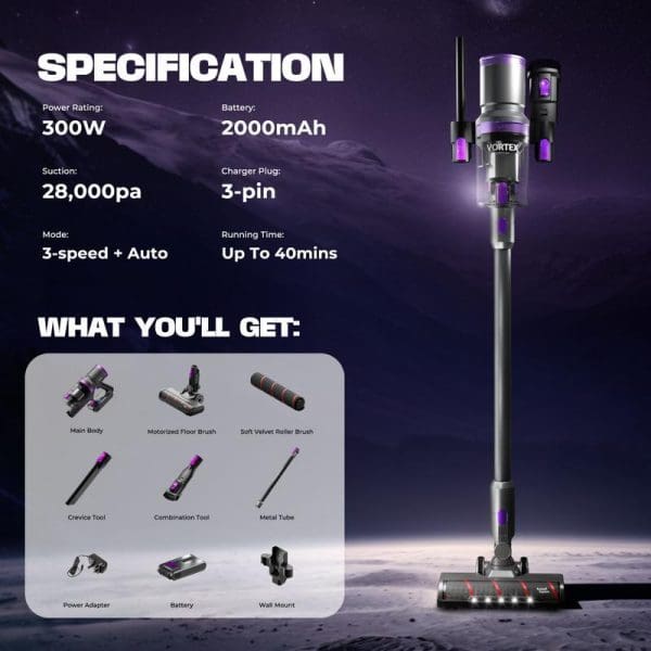 Russell Taylors X2 Cordless Vacuum Cleaner specifications showing 300W power, 28000pa suction, included accessories like brushes, tools, battery, and wall mount against space background.