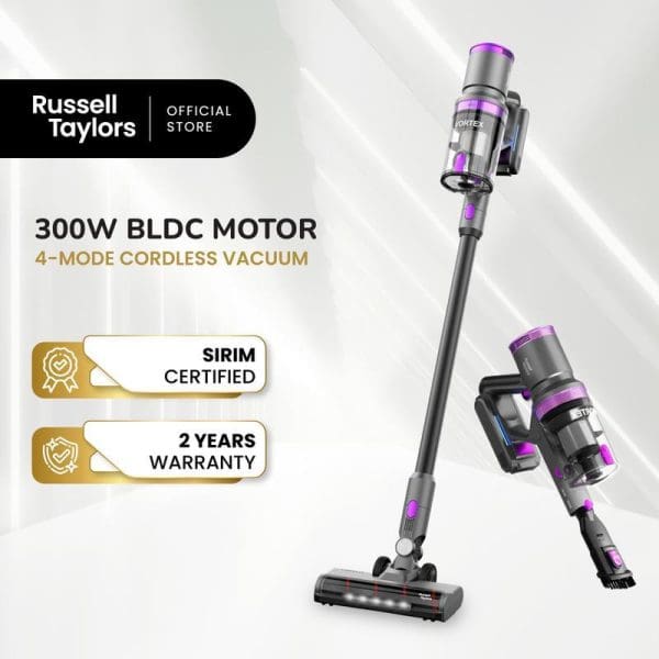 Russell Taylors X2 300W BLDC Motor 4-Mode Cordless Vacuum Cleaner with purple accents, SIRIM certified, 2 years warranty, official store product image