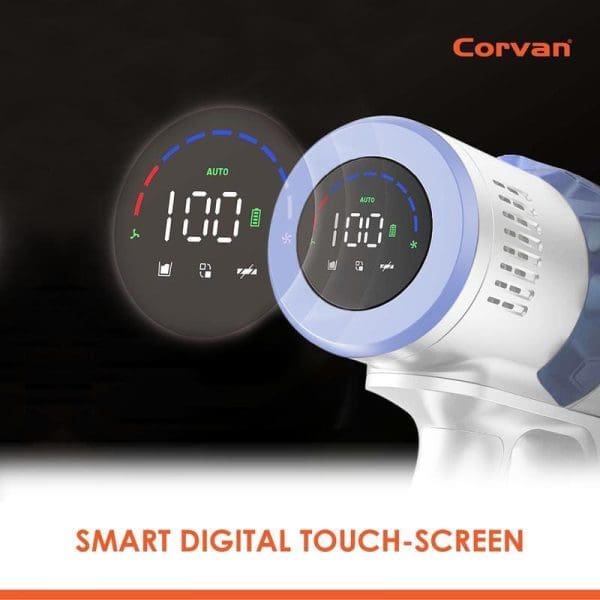 Corvan K9 Luxe pembersih vakum tanpa wayar dengan skrin sentuh digital pintar menunjukkan mod AUTO dan paparan suhu 100 darjah pada latar belakang hitam.