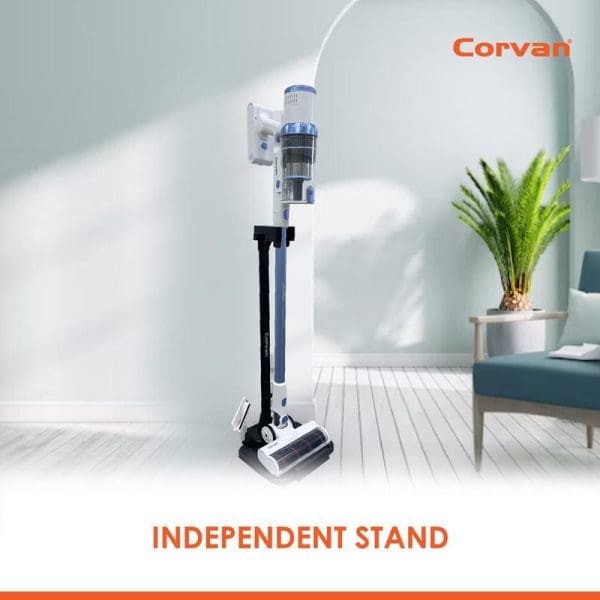 Corvan Anti-tangle Cordless Vacuum Cleaner K9 Luxe dengan Independent Stand dalam ruang tamu moden bersama pokok hiasan dan kerusi biru