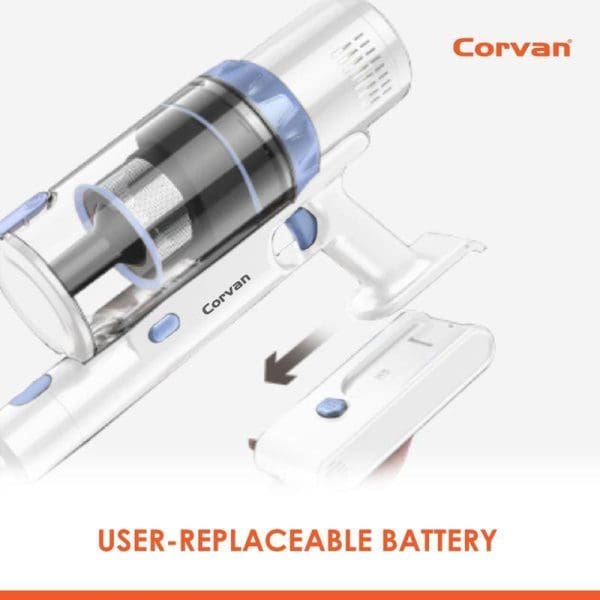 Corvan K9 Luxe Cordless Vacuum Cleaner dengan bateri boleh ditukar ganti pengguna, menampilkan reka bentuk putih dan biru dengan teknologi anti-kusut untuk pembersihan yang berkesan.