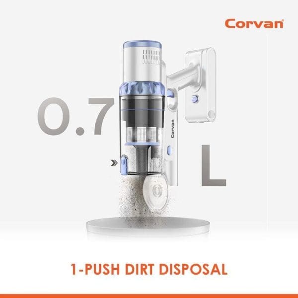 Penyedut debu tanpa wayar Corvan K9 Luxe dengan ciri pembuangan kotoran satu tekan, kapasiti 0.7L, dan teknologi anti-kusut untuk pembersihan rumah yang mudah.