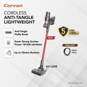 Pembersih vakum tanpa wayar Corvan K9 Luxe dengan berus anti-kusut, kuasa sedutan 181AW, masa operasi 55 minit, waranti 5 tahun dan hadiah percuma penapis HEPA.