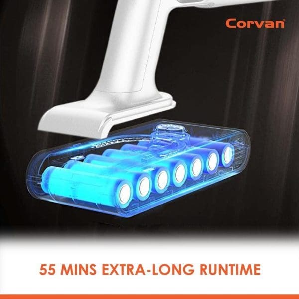 Corvan K9 Pro Vacuum Tanpa Wayar dengan paparan LED biru menunjukkan masa operasi 55 minit yang panjang untuk pembersihan rumah yang berkesan