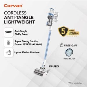 Corvan K9 Pro penyedut habuk tanpa wayar dengan berus anti-kusut, kuasa sedutan 175AW, masa operasi 55 minit, waranti 5 tahun dan penapis HEPA percuma.