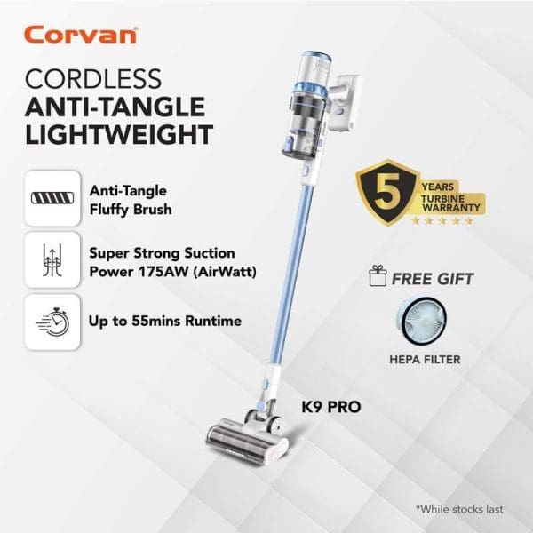 Corvan K9 Pro penyedut habuk tanpa wayar dengan berus anti-kusut, kuasa sedutan 175AW, masa operasi 55 minit, waranti 5 tahun dan penapis HEPA percuma.