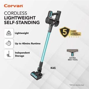 Corvan K6S Vacuum Cordless Tanpa Wayar dengan Masa Operasi 40 Minit, Ringan, Berdiri Sendiri, Waranti 5 Tahun, Termasuk Alat Tambahan Katil