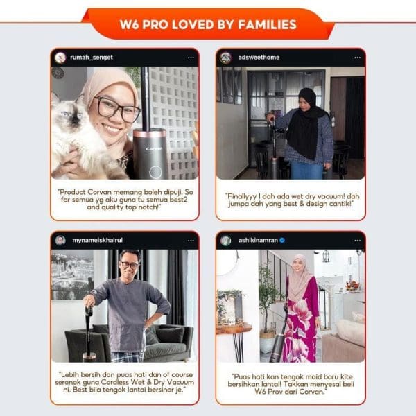 Testimoni pelanggan Corvan W6 Pro - empat keluarga menunjukkan penggunaan vakum tanpa wayar basah dan kering untuk pembersihan lantai di rumah