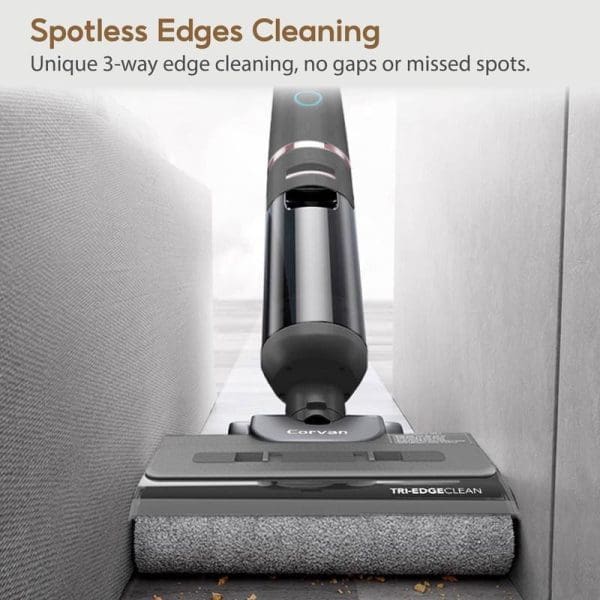 Corvan W6 Pro Cordless Wet & Dry Vacuum dengan teknologi Tri-Edge Clean untuk pembersihan tanpa celah di tepi, menggabungkan fungsi vakum dan mop lantai.