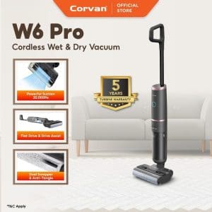 Corvan W6 Pro Vacuum Tanpa Wayar Basah & Kering - penyedut kuat 20,000Pa, pemandu rata dengan bantuan, penyapu dwi dan anti-kusut, waranti turbine 5 tahun