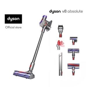 Dyson V8 Absolute vacuum cleaner tanpa wayar dengan pelbagai aksesori pembersihan termasuk berus dan alat penghisap, paparan produk rasmi Dyson.