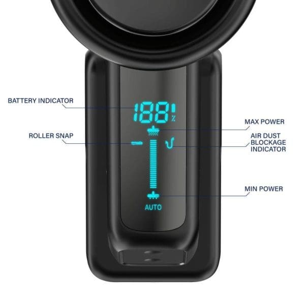 Display digital Electrova Cordless Vacuum Cleaner iTech Elite menunjukkan penunjuk bateri 100%, kuasa maksimum, auto mode, dan penunjuk penyumbatan habuk udara pada skrin LED biru.