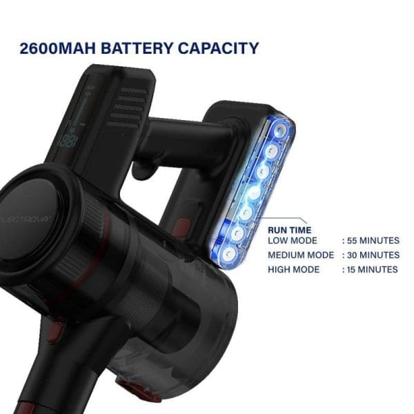 Electrova Cordless Vacuum Cleaner iTech Elite dengan bateri 2600MAH, masa operasi 15-55 minit bergantung mod kuasa, dilengkapi paparan LED biru