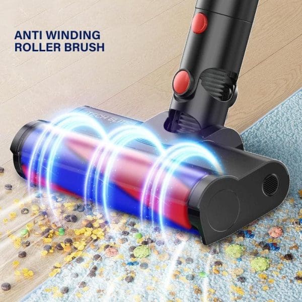 Berus Roller Anti-Lilitan penyedut vakum tanpa wayar Electrova iTech Elite membersihkan serpihan berwarna-warni di atas permaidani dengan teknologi cahaya biru dan merah.