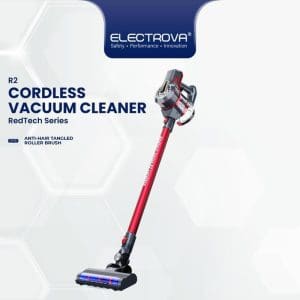 Electrova R2 RedTech Series pembersih vakum tanpa wayar dengan teknologi siklonik 21kPa, berus roller anti-kusut rambut dan lampu LED biru pada kepala pembersih.