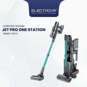 Penyedut habuk tanpa wayar Electrova JET PRO ONE STATION Smart iTech dengan stesen pengecasan, ditunjukkan dalam dua posisi - berdiri dan berbaring, berwarna teal dan kelabu.