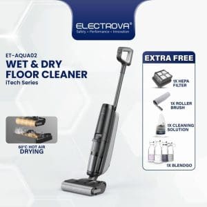 Electrova ET-AQUA02 Pembersih Lantai Basah & Kering iTech Series dengan pengeringan udara panas 60°C, termasuk penapis HEPA, berus roller, larutan pembersih dan BlendGo percuma.