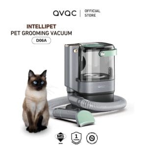 AVAC IntelliPet D06A vakum dandanan haiwan kesayangan 3.2L dengan kucing Siamese, menampilkan hos fleksibel dan berus dandanan, produk rasmi kedai dengan jaminan 1 tahun.