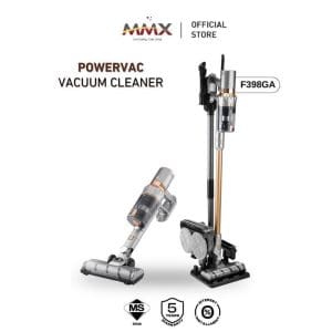 MMX PowerVac F398GA pembersih vakum tanpa wayar dengan sensor debu automatik, menampilkan dua unit vakum dan logo rasmi kedai dengan jaminan 5 tahun.