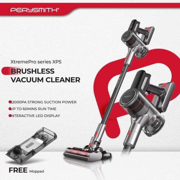 PerySmith XP5 Brushless Vacuum Cleaner dengan kuasa sedutan 20000PA, masa operasi 60 minit, paparan LED interaktif dan moppad percuma untuk pembersihan rumah.