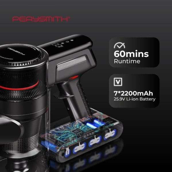 Penyedut debu tanpa wayar PerySmith Xtreme Pro Series XP5 dengan bateri Li-ion 25.9V 7x2200mAh, masa operasi 60 minit, menunjukkan teknologi dalaman canggih.
