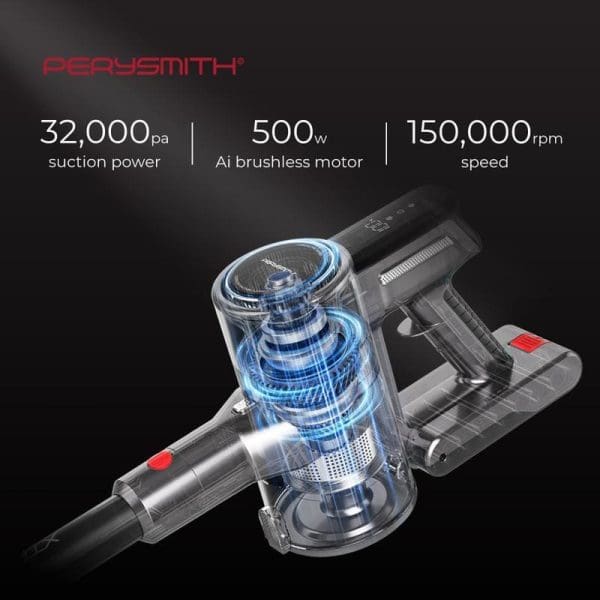 PerySmith Cordless Vacuum Cleaner Xtreme Pro Series XP5 dengan kuasa sedutan 32,000pa, motor tanpa berus 500w, kelajuan 150,000rpm dan teknologi cyclone biru