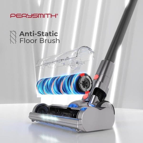 PerySmith Cordless Vacuum Cleaner Xtreme Pro Series XP5 dengan berus lantai anti-statik, menampilkan reka bentuk moden dan teknologi pembersihan canggih untuk kegunaan rumah.